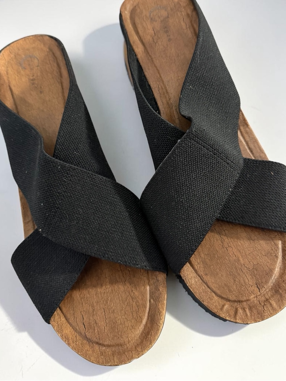 Cato "C. Est 1946" Black Crisscross Wedge Sandals